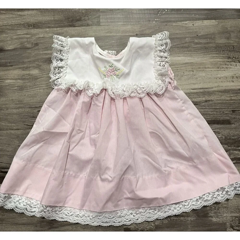 Vintage Girl's Dress 6 Months Party Floral Pink White Bib Lace Trim Flower 90s